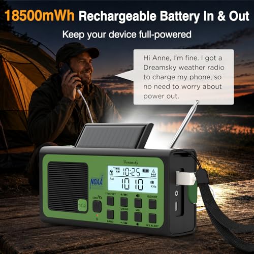 Image of DreamSky Hand Crank Emergency Weather Radio NOAA Alert with Solar Powered | Portable Radio AM FM SW, 18500mWh Rechargeable Battery Operated, Loud SOS Alarm, Flashlight & Reading Lamp, USB Port