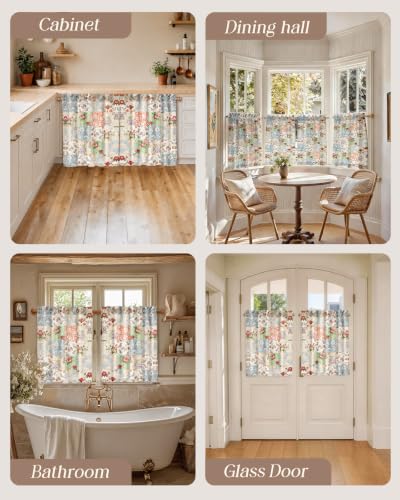 Image of Miss Adola Boho Kitchen Curtains - 30 Inch Length Linen Blend Vintage Floral Cafe Curtains Country Tier Curtain Short Drapes Rod Pocket for Bathroom Living Room Windows Light Filtering, 2 Panels