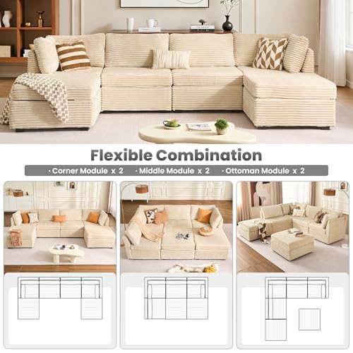 Image of ovios Modular Sectional Sofa Couch with U-Shape Chaise Ottomans, Comfy Plush Corduroy Cloud Couches, Modern Luxury Deep Seat Sofas Set for Living Room, 6-Seater, Beige