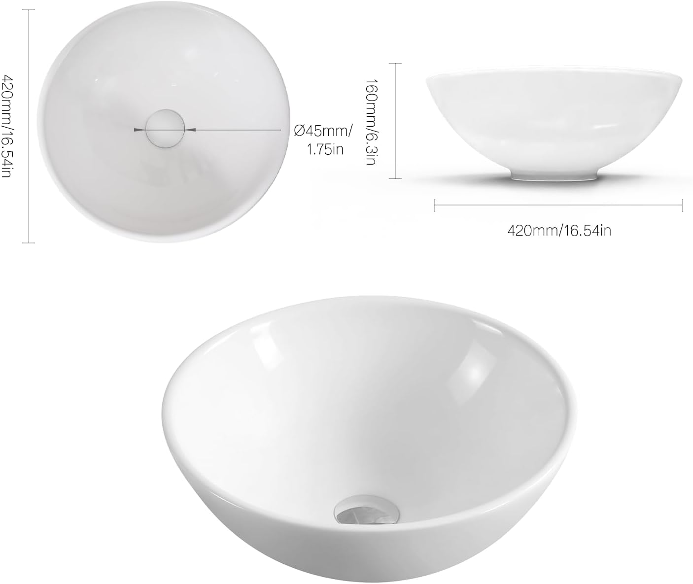 NUESTRA VIDA DIA 16.5 Inch Bowl Sinks for Bathrooms, Small round vessel sinks for bathrooms Above Counter, Modern White Ceramic Vanity Sink Basin