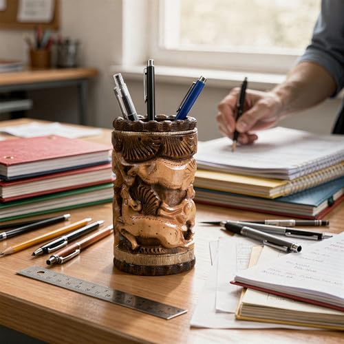 Image of Craft Trade 13x7 Cm Round Carved Wooden Pencil Pot Holder - Two Tone