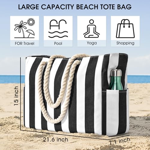 Image of Becokan Women's Pool Swim Bag - Waterproof Sandproof Large Stripe Beach Tote with Zipper