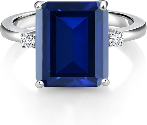 Miniatura 3 de Gem Stone King 5-7 Cttw Gemstone Birthstone and White Lab Grown Diamond 3-Stone Engagement Ring 925 Sterling Silver Center Emerald Cut 12X10MM