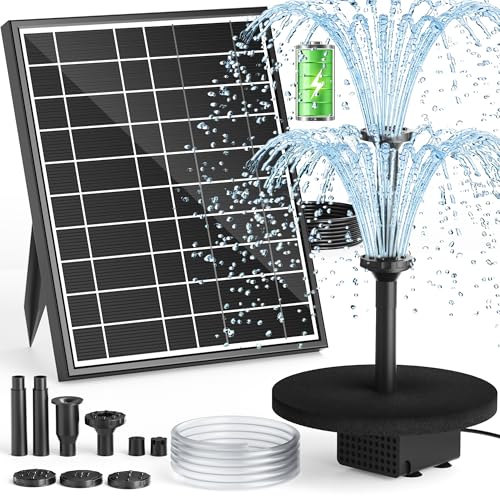 PONDIA Pompe à Fontaine Solaire avec Batterie, 7.5W Pompe Solaire 3000mAh Intégrée, Buses Double Couche 7+ Modes & Tuyau PVC 1.5m, Fontaine Bassin pour Bac...