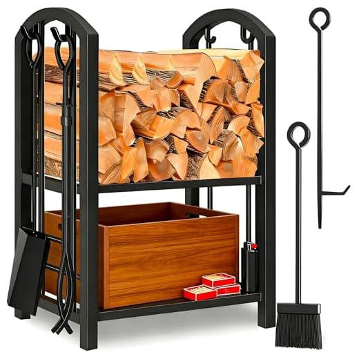 Amagabeli Kaminbesteck Kaminholzständer mit 4 Werkzeugen für Innen Außen 74 x 40 x 30cm Kaminholzhalter Holzregal für Kamin Kaminofen Besteck Schmiedeeisen Protokolle Holzhalter Bürste Schaufel Zange