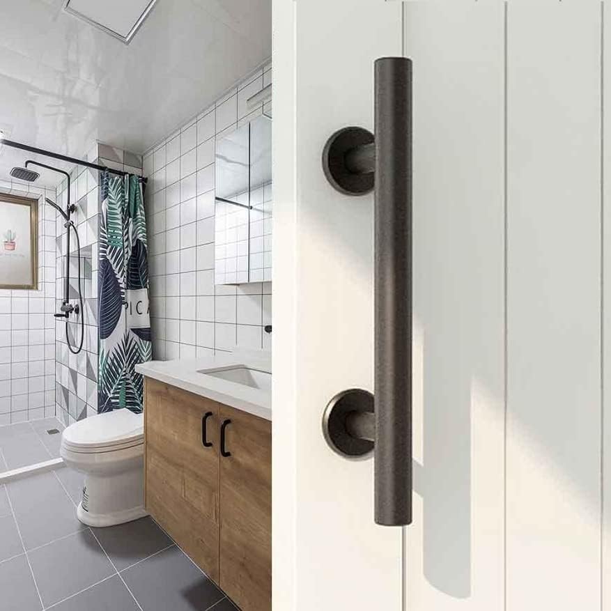 Miniatura 2 de CCJH Manijas y tiradores de puerta corrediza de granero de 10 pulgadas, juego de herrajes de doble cara, diseño de placa inferior plana, negro