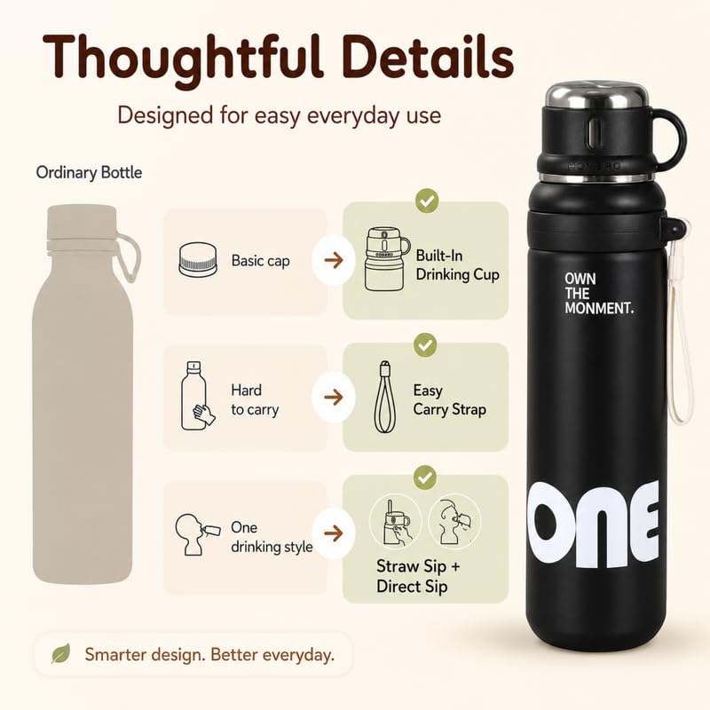 Image of Homero Premium Steel Bottle 1 Litre 1 L, Black Water Bottle with Cup & Straw, Leak Proof Sleek Metal Design for Office, Gym, School, College & Travel Use - Midnight Black
