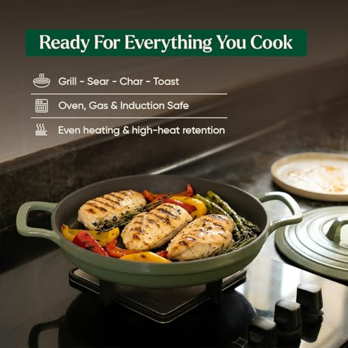 Image of Ember Cookware Pre-Seasoned Cast Iron Grill Pan 26 cm | 10-Year Warranty | Heavy Duty Induction Cookware | Cast Iron Cookware | Non-Toxic Tandoor Grill Pan for Kebab, Vegetables & Sandwich | Green