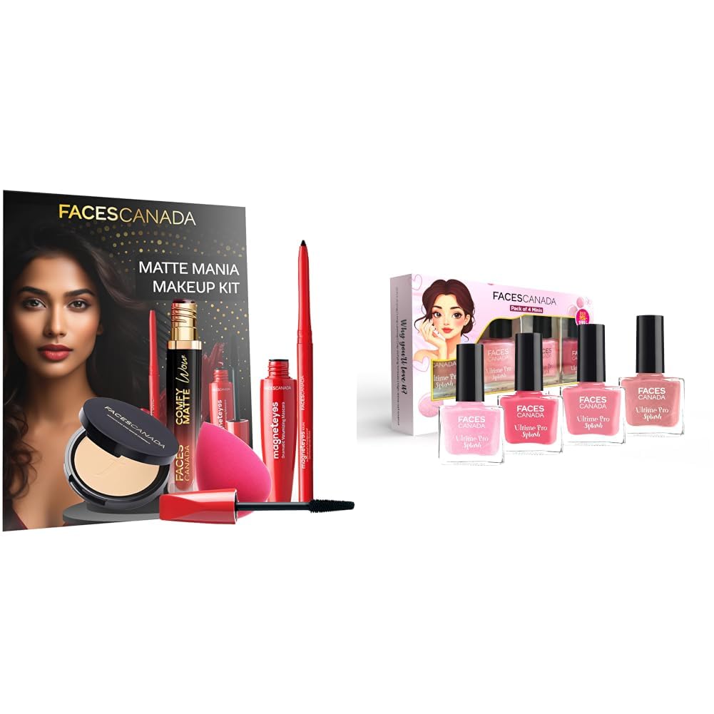FACESCANADA Matte Mania Makeup Kit - Kajal (0.35g) + Lipstick (3.8ml) + Compact (9g) + Mascara (9.5ml) + Beauty Blender & Ultime Pro Splash Mini Nail Enamel Combo Kit - Pink Pop-image-27