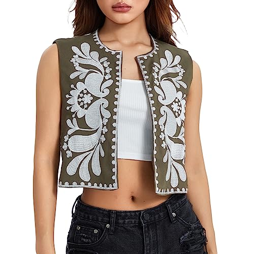 Embroidered Vest Tops for Women Boho Vintage Open Front Sleeveless Cardigan Y2k Cropped Waistcoat Outerwear Gilet