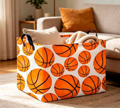 Image of CLOCOR Rectangular Basketball Print Storage Basket Empty,Gift Basket,Books Box,Room Decor(Basketball)