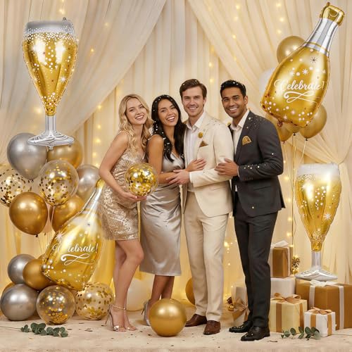 Image of 4PCS Champagne Balloons, Gold Champagne Bottle Balloons and Champagne Glass Helium Foil Balloon for Birthday Bachelorette Engagement Wedding Bridal Shower Graduation Anniversary Party Decorations