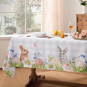Softalker Spring Easter Tablecloth Rectangle Bunny Eggs Buffalo Plaid Flower Table Cloths Stain Resistant Wrinkle Free Table Covers for DinnerPartyPicnicOutdoor Grey Checkered 60 x 84 Inch