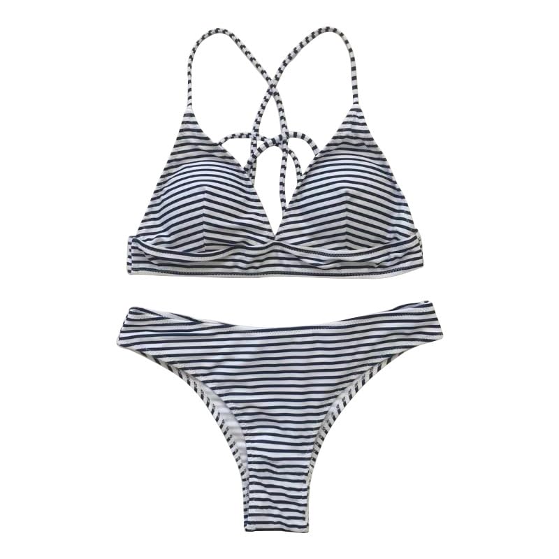 Striped Bikini Set, Two Piece Swimsuit, Black and White Stripes, Triangle Top with Bottom-image-16
