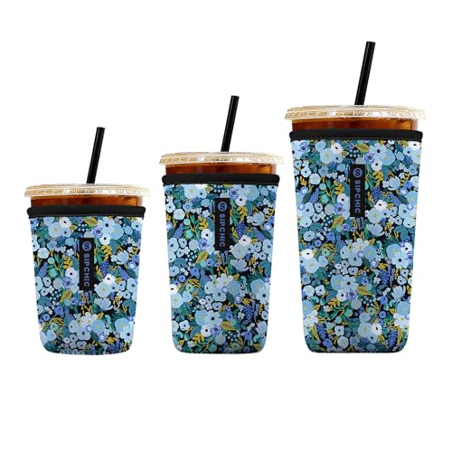 SIPCHIC Iced Coffee Sleeve – Neoprene Reusable Cup Sleeves for Drinks, Insulated Drink Sleeves to Keep Hands Dry & Drinks Cold, Stylish & Durable Coffee Sleeves (Frosted Bloom, S/M/L 3-Pack)