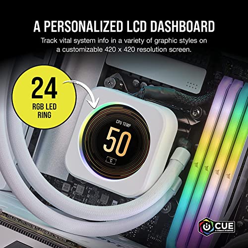 Image of Corsair iCUE Elite CPU Cooler LCD Display Upgrade Kit (Custom IPS LCD Screen, 24-Bit Colour Depth, 16.7 Million Colours, 24 RGB LED Ring, CORSAIR iCUE Software Compatible) White