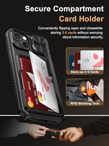 Image of Vihibii for iPhone 15, iPhone 14, iPhone 13 Back Cover Wallet with Card Holder (4 Cards) [RFID Blocking] & Slide Camera Cover, Military Grade Drop Protection, Rugged Back & Silicone Case, 6.1 inch, Black