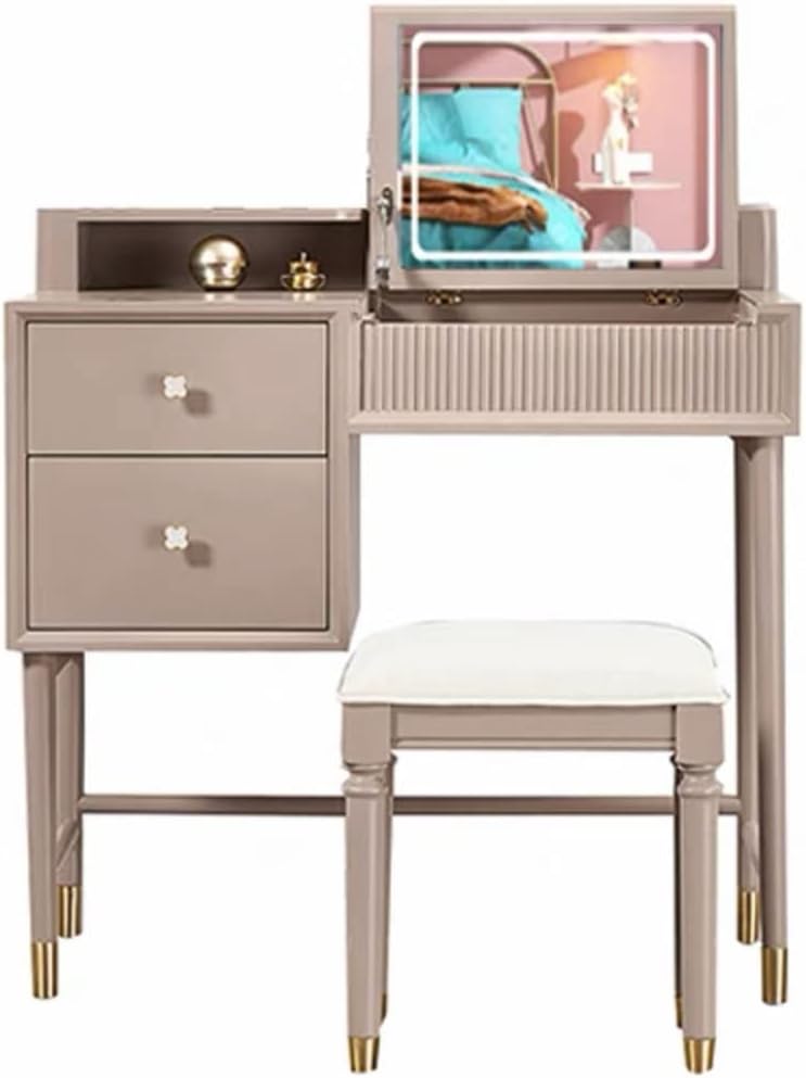 Vanity Dressing Table Set Luxury Makeup Bench with 3 Colors Led Hd Mirror,Comfortable Stool Drawers Cabinet,Modern Simple Style,for Girl's Gift (Color : C) (E)