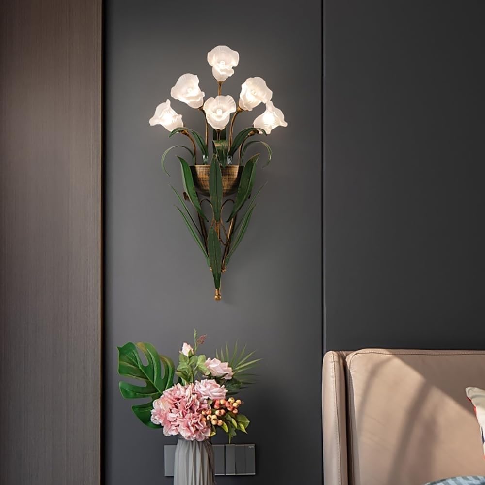 Stesulfr Floral Glass Flower Wall Sconce Vintage Gold Kitchen Wall Light Fixtures Over Sink Wall Mounted Bathroom Vanity Light Antique Farmhouse Wall Lamp for Bedroom Bedside Living Room Hallway