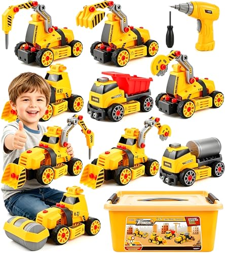 FLY2SKY Take Apart Toys for 3 4 5 6 7 8 Year Old Boys 9 in 3 Construction Toy with Electric Drill Take Apart Truck Set DIY Engineering Building Toy Push & Go STEM Toy Gift for Boys Toys Age 6-8