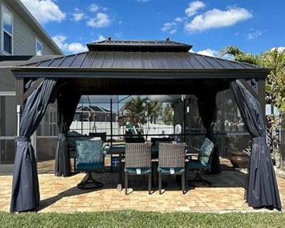PURPLE LEAF 10' X 14' Permanent Hardtop Gazebo for Patio with Netting and Curtains Deck Backyard Heavy Duty Sunshade Metal Roof All Weather Outdoor Pavilion Canopy