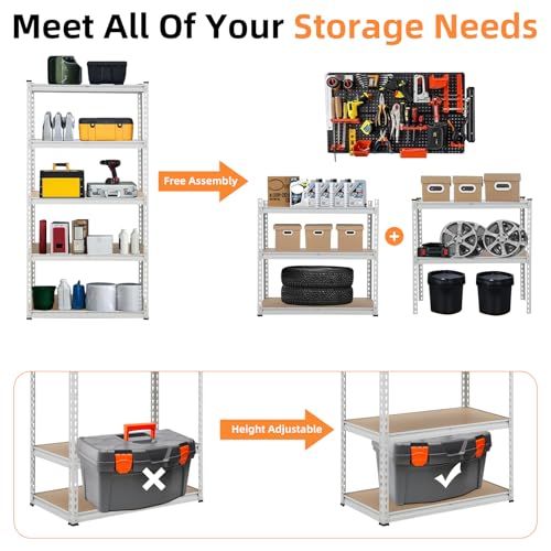 GarveeHome Garage Storage Shelves, 5-Tier Utility Shelves, Adjustable Storage Shelves, Industrial Shelving, Load 3860 Lbs Heavy Duty Storage Shelves for Garage Kitchen Basement Laundry Pantry,White