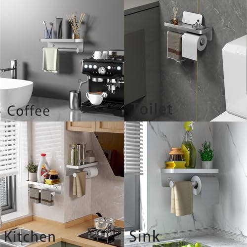 Double Toilet Paper Holder with Shelf, iMonse Paper Towel Holder Wall Mount,Tissue Roll Holder for Bathroom Kitchen RV, Double Tissue Roll Rack with Adhesive & Screw (Silver) by iMonse - Used condition - Image 3
