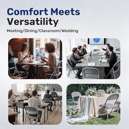 Image of Simple Deluxe Dining Chairs Set of 2, Leather Cushion Foldable Modern Kitchen Side Chair with Padded Back& Metal Legs, Upholstered Dinner Seat Gift for Home /Living Room /Bedroom /Restaurant, Grey