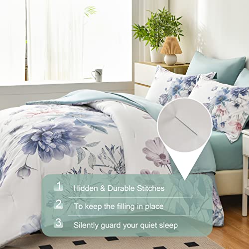 Image of Floral King Size Comforter Set - 7 Piece Bed in a Bag, Light Blue Flowers Printed on White Bed Comforters with Sheets, Soft Lightweight Bedding Set for All Season(Light Blue, King