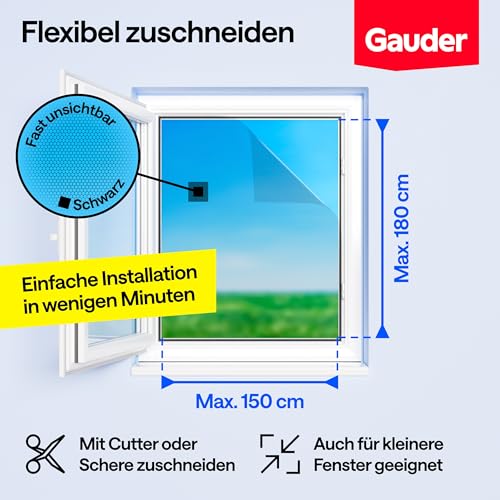 GAUDER Fliegengitter für Fenster - Insektenschutz ohne Bohren - Fliegengitter mit Klettband - Fliegennetz aus Polyester - Mückennetz & Moskitonetz für Fenster (150 x 180 cm - schwarz)