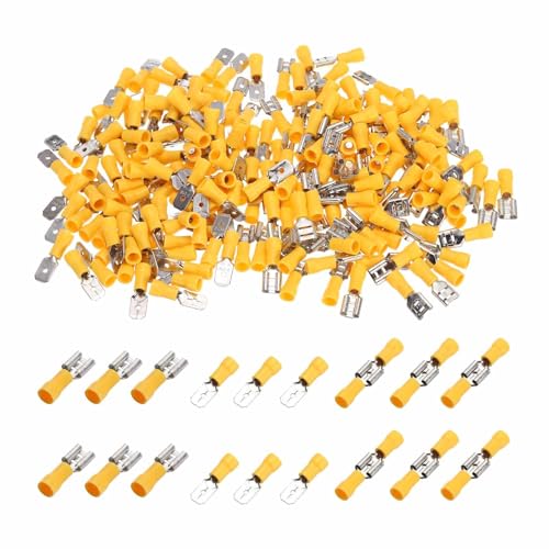 MECCANIXITY 100 Set Heat Shrink Wire Terminals, 16-14AWG Yellow Insulated Crimp Terminals Electrical Connectors Male and Female Spade Connectors for Industrial, Automotive, Boat Stereo