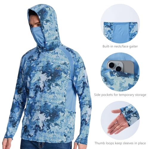 Image of Men's UPF 50+ Hoodie Shirt with Mask Long Sleeve Permanent UV Sun Protection Neck Gaiter Performance T for Outdoor