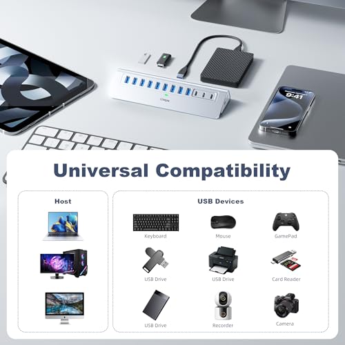 Image of Powered USB Hub 10Gbps, intpw YH9AC 12-Port USB 3.2 Hub with USB A /USB C 3.2, 7 USB 3.0, 2 PD 45W Charging Port, 65W Power Adapter + 5FT Cable, Aluminum USB Hub for Laptop, iPhone 17 /16 /15 /PC