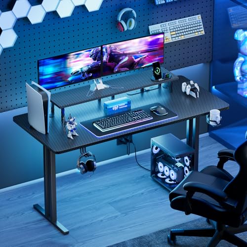 HLDIRECT 47 Inch Gaming Desk with LED Lights & Power Outlet, Computer Gamer Desk with Monitor Stand, Ergonomic Carbon Fiber Gaming Table Home Office Desk with Cup Holder (47INCH) - Image 3