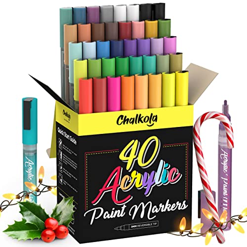Chalkola Acrylic Paint Pens for Rock Painting, Canvas, Wood, Ceramic, Glass - 40 Fine Tip Acrylic Paint Markers - Pack of 40 Metallic, Neon and Pastel Colors - Art Supplies for Kids and Adults