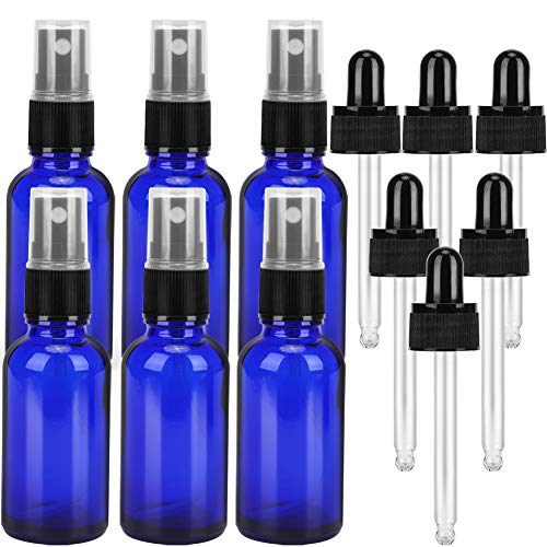 Glass Spray Bottles for Essential Oils DIY Cleaning Solutions, 1oz 6 Empty Refillable Blue Glass Bottles With 6 Fine Mist Sprayers and 6 Glass Eye Droppers, Glass Eye Dropper Bottles