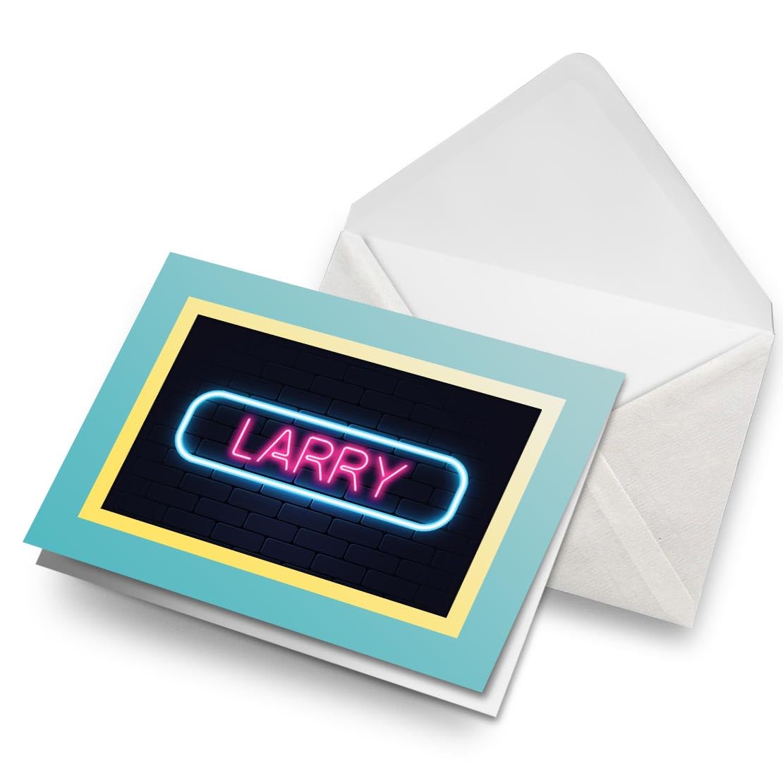 Greeting Card Turquoise & Butter (Photo Insert) - Neon Sign Design Larry Name - Blank Birthday Celebration Anniversary, Envelope Included #352199
