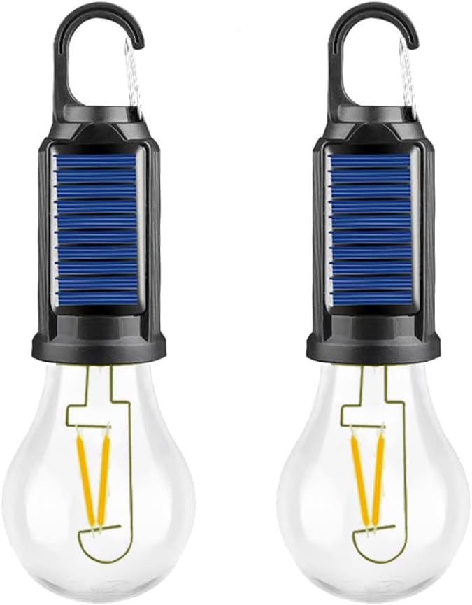 Solar Camping Lights Hanging Hooked Tent Lantern Outdoor USB Rechargeable Bulb Lamp with Clip Hook Keychain 3 Lighting Modes for Christmas Decorations Hiking Backpacking Warm Light 2 Pack