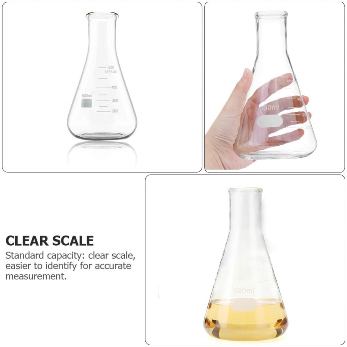 Beuta Conica in Vetro Borosilicato, 5 Pezzi, Collo Stretto | Beuta Conica in Vetro Borosilicato, Fondo Piatto, Graduazioni Standard, per Applicazioni di Laboratorio e Istruzione