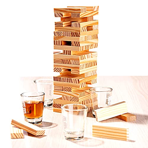 HAC24 Trinkspiel Wackelturm Mit 60 Holz Bauklötzen und 4 Shotgläsern Trink Spiel Turm Partyspiel für Erwaschsene