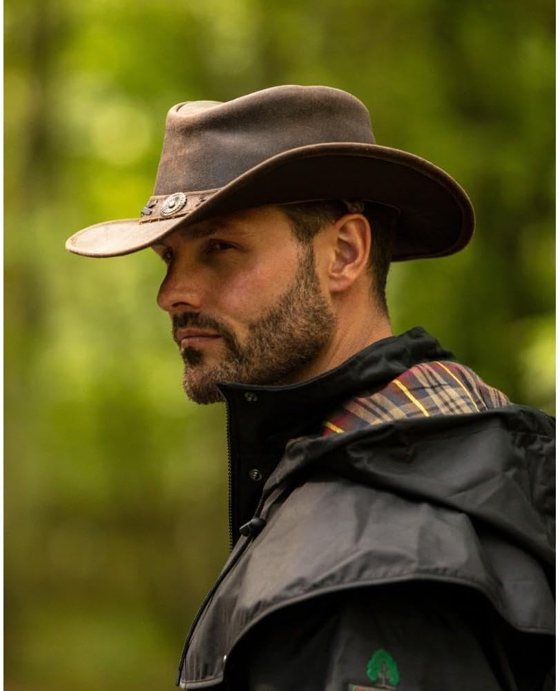 Walker and Hawkes Cowhide Antique Explorer Outback Hat - Wide Brim Waterproof UPF 50+ Leather Hat with Removable Chin Strap - Image 2