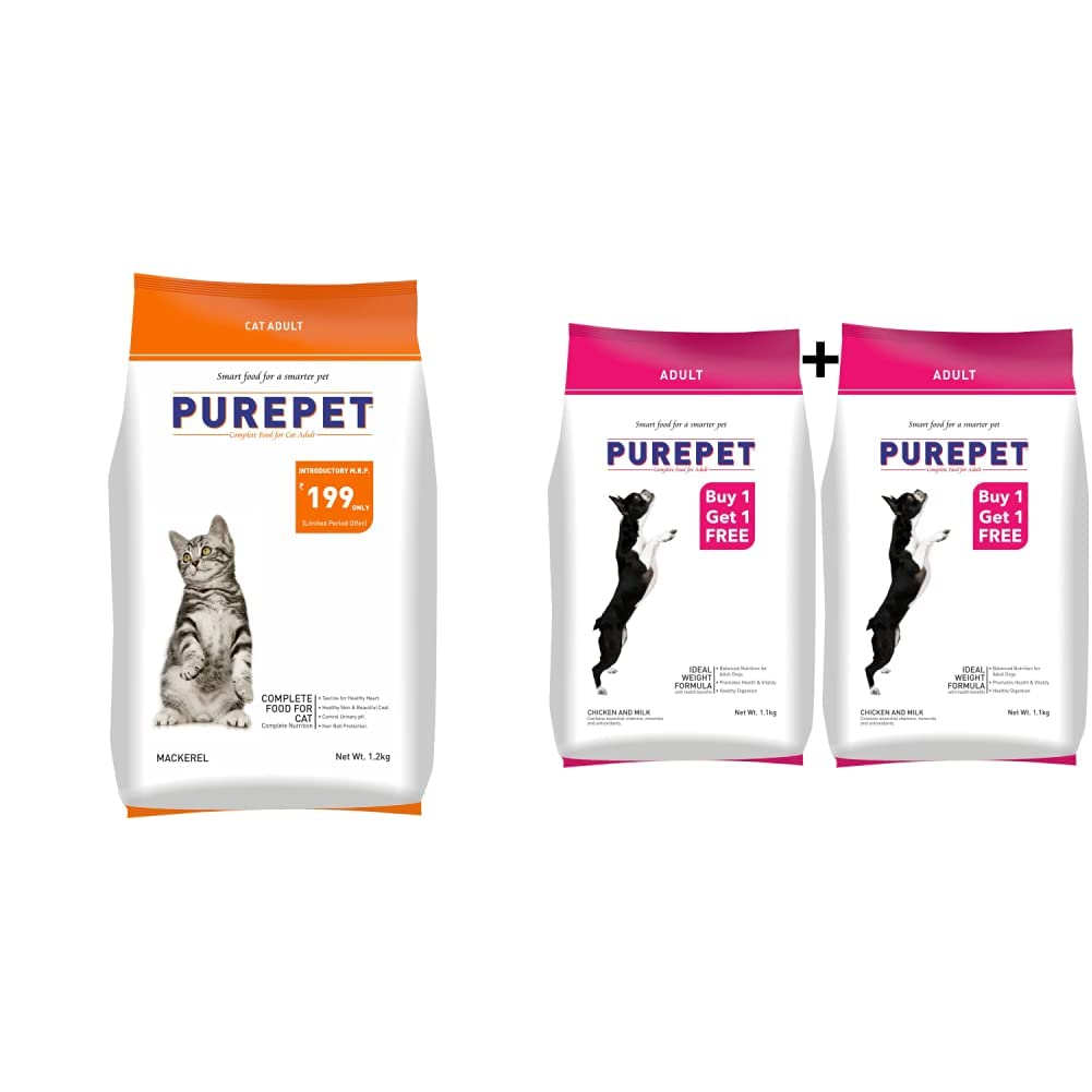 Purepet Adult(+1 Year) Dry Cat Food, Mackerel, 1.2Kg & Chicken and Milk