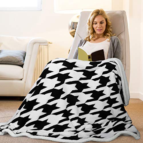 Sherpa Blanket Plush Throw Blankets Size 50" X 60" Fleece Reversible For Bed And Couch, Super Soft Comfy Warm Fuzzy Tv Blanket Black Houndstooth Plover Case #TOP3