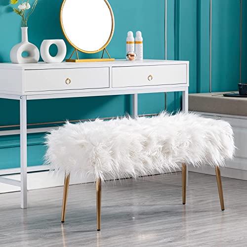 Cimoo White Faux Fur Ottoman Bench Upholstered Bedroom Furry Entryway Bench Long Hair Stool With Metal Legs For Bed Living Room Entry-35.4''*13.7''W*17.7''H #TOP3