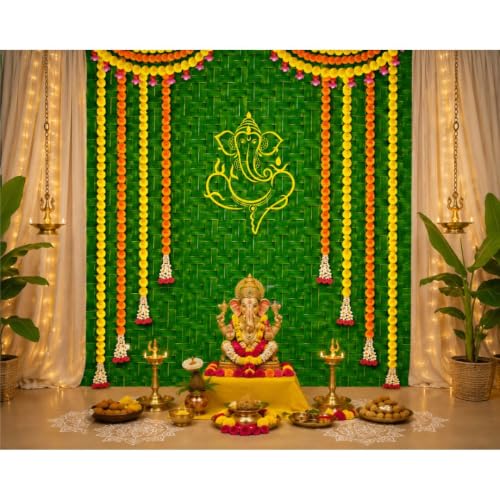 Image of Sri Yagnaa - Backdrop Cloth for Pooja Decoration Traditional - M 17 - Background Curtain Cloth for Festival Decoration (5x8 Ft) (Ganesh on Coconut Leaf Design Backdrop)