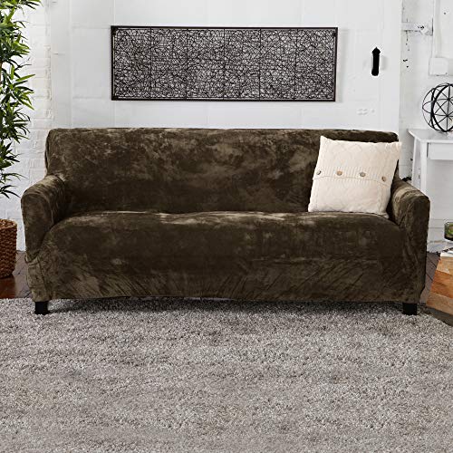 Velvet Plush Stretch Sofa Slipcover. Velvet Sofa Couch Furniture Protector, Soft Anti-Slip, High Stretch For 3 Seat Sofa. (Sofa- 3 Seater, Walnut Brown) #TOP1