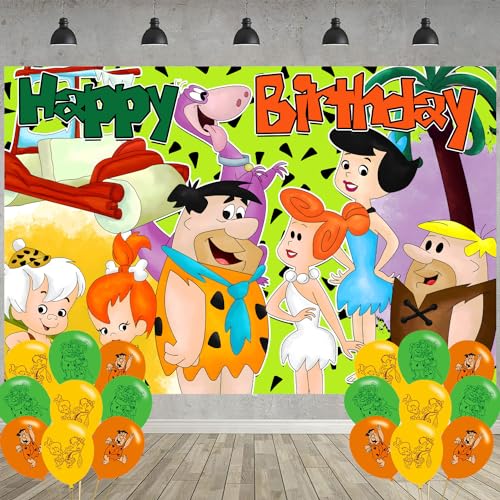 Pebbles and Bam bam Birthday Party Decoration Flintstones Party Photo Background 5 x 3 FT and 18 Pcs Balloon Merch Party Backdrop Supplies
