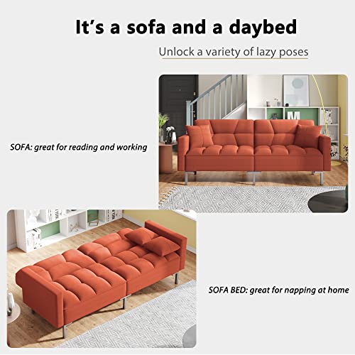 P Purlove Linen Upholstered Modern Sofa Bed With Armrest, Sofa With Adjustable Backrest, Convertible Folding Futon Sofa Bed With Sturdy Metal Legs, For Living Room, Bedroom, Office, Orange #TOP5