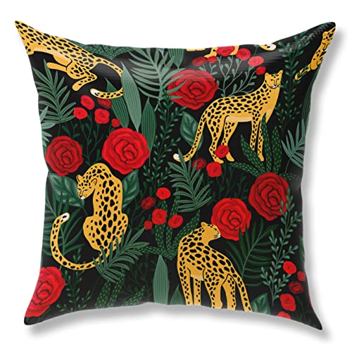 Leopard Cheetah Print Throw Pillow Covers, Pillow Covers 18X18, Set Of 4 Jungle Animals Palm Leaves Pillowcase, Decorative Pillow Cushion Covers For Couch, Bed, Sofa, Car Seat, Bedroom, Home Decor #TOP2