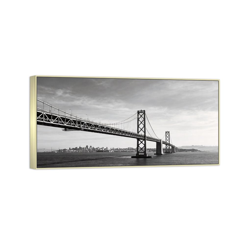 Sea Bridge 2 Black White Landscape Canvas Picture 40x80cm Silver Frame
